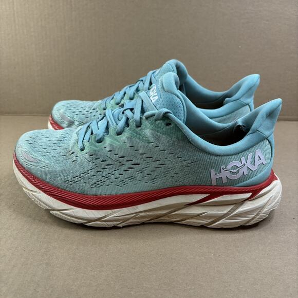 Hoka One One Shoes - Hoka One One Clifton 8 Womens Size 9 Blue Red Walking Running Shoes Sneakers